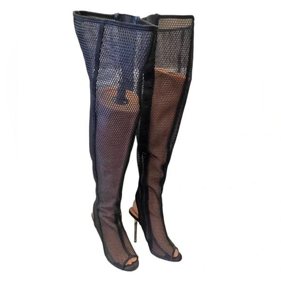 💥HOST PICK💥 Over The Knee Fishnet Peep Toe Metallic Heels Boots Size 5.5 - Picture 3 of 12